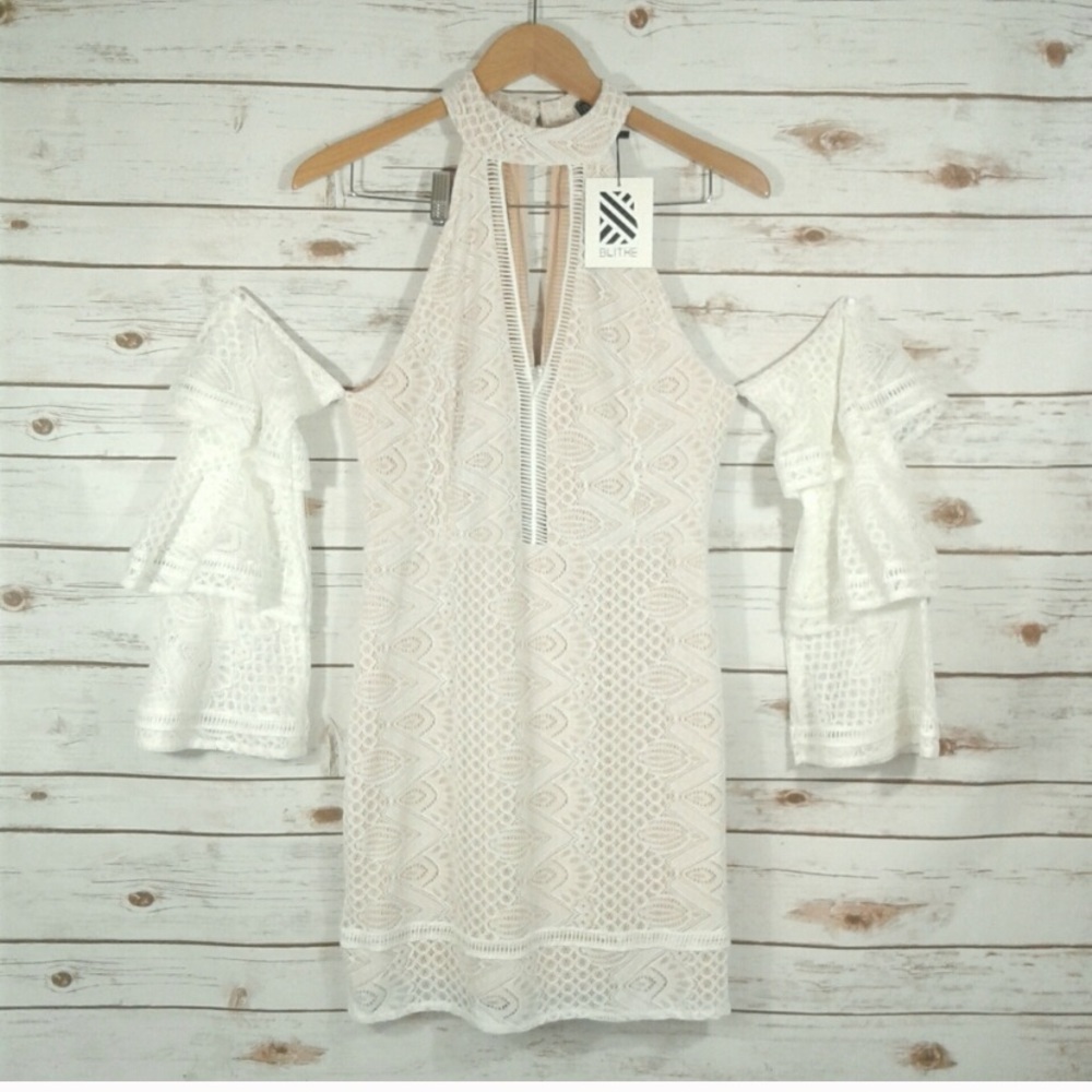 BLITHE White Lace Cold Shoulder Plunge Dress L - Picture 9 of 9